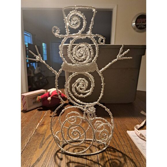 Snowman Figurine 18” White Tinsel Metal Rustic Christmas Holiday Shelf Decor - Picture 1 of 5